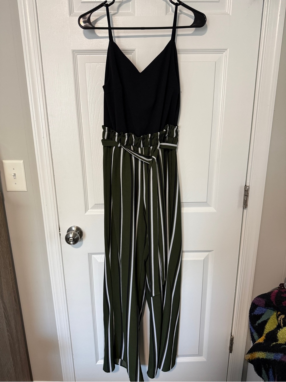 Blue Rain Black & Olive Striped Paperbag Waist Jumpsuit